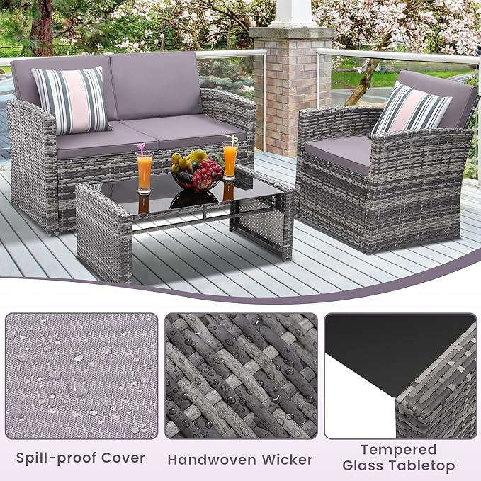KROFEM 4-Piece Patio Furniture Set, Wicker Outdoor Rattan Sectional Sofa with Cushions and Glass Table, All-Weather Outdoor Conversation Set for Garden, Porch, Backyard, Patio, Light Grey