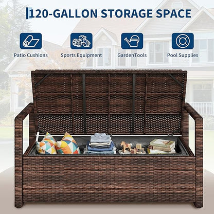 GarveeLife Wicker Storage Bench, Outdoor Rattan Stool with Iron & Plastic Wood Frame, Dark Brown Rattan, White Cushion, with Hidden Storage for Patio
