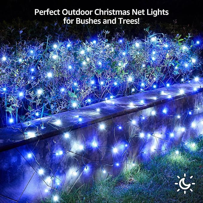Led Christmas Net Lights Outdoor Christmas Bushes Lights 120Led 6ftx5ft, Connectable Outdoor Indoor Mesh Net Lighting for Xmas Holiday, Garden, Lawn, Shrubs, Trees, Bushes Decorations(White and Blue)