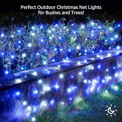 Led Christmas Net Lights Outdoor Christmas Bushes Lights 120Led 6ftx5ft, Connectable Outdoor Indoor Mesh Net Lighting for Xmas Holiday, Garden, Lawn, Shrubs, Trees, Bushes Decorations(White and Blue)