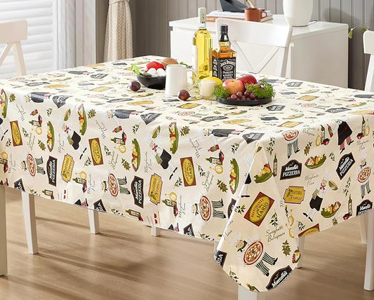 Newbridge 52 x 70 Inch Rectangle Vinyl Tablecloth with Flannel Backing, Italian Bistro Chef, Novelty Chef Indoor Outdoor Waterproof Table Cover for Picnic, Barbecue, Patio and Kitchen Dining, Ivory
