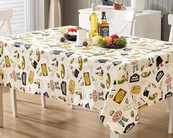 Newbridge 60 x 84 Inch Rectangle Vinyl Tablecloth with Flannel Backing, Italian Bistro Chef, Novelty Chef Indoor Outdoor Waterproof Table Cover for Picnic, Barbecue, Patio and Kitchen Dining, Ivory