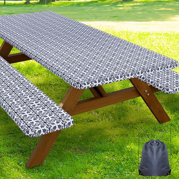 Smiry Picnic Table Cover with Bench Covers, Waterproof Elastic Fitted Tablecloth for 6 Foot Tables, Washable Polyester Tablecloths for Camping, Indoor & Outdoor (Indigo & White, 30x72 Inch 3-pc Set)