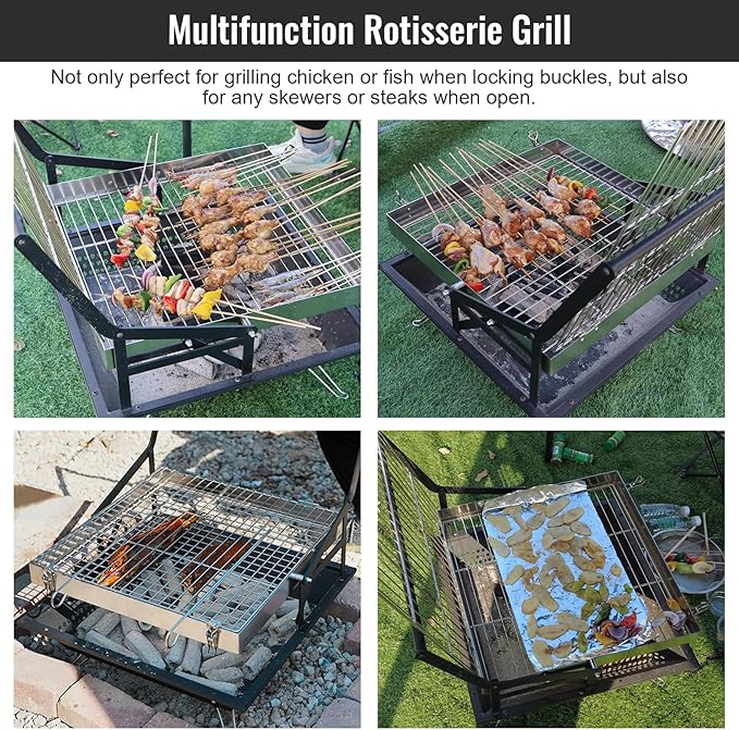 360° Rotating Charcoal Grills,Stainless Steel Flipping Barbecue Grill for Camping BBQ Picnics Beach Party Cooking Outdoor Garden Yard