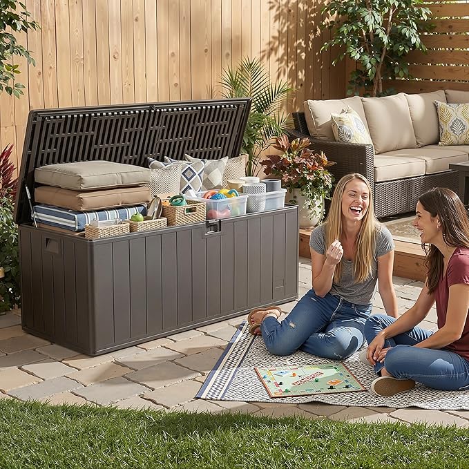 200 Gallon All-Weather Deck Box, Lockable Waterproof Resin Storage with UV Resistance for Patio Furniture, Garden Tools, Pool Accessories (Brown)
