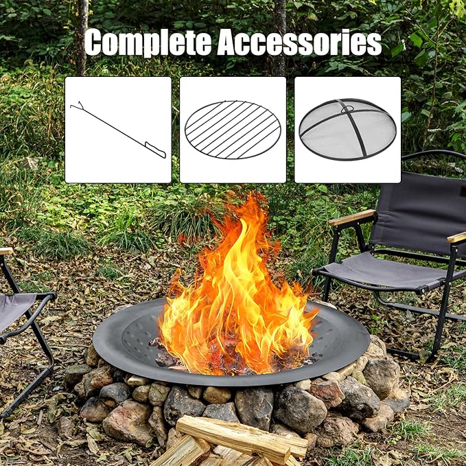 OutVue 35 inch Steel Fire Bowl for DIY or Replacement Existing Fire Pits, Wood Burning Fire Pit Bowl with Spark Screen &Fire Poker, Fireplace for Backyard, Porch, Deck, Camping, BBQ (Circle Dot)