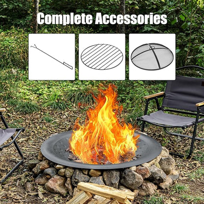 OutVue 35 inch Steel Fire Bowl for DIY or Replacement Existing Fire Pits, Wood Burning Fire Pit Bowl with Spark Screen &Fire Poker, Fireplace for Backyard, Porch, Deck, Camping, BBQ (Circle Dot)