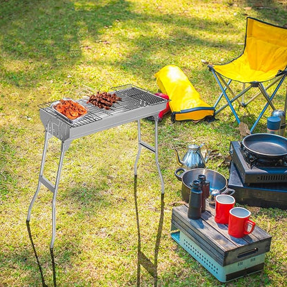 Portable BBQ Charcoal Standing Grill, Stainless Steel Metal Outdoor Cooking Grill for Steaks in Courtyard, Backyard Patio, Camping, Tailgating, and Picnics with Iron Grill, Carbon Mesh Silver