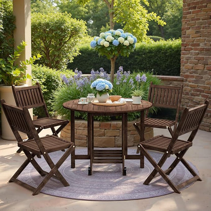 Greesum 5-Piece Outdoor Patio Dining Set, Acacia Wood Folding Bistro Set, All-Weather Furniture with Round Table & Chairs for Garden, Deck, Balcony, Pool, Dark Brown