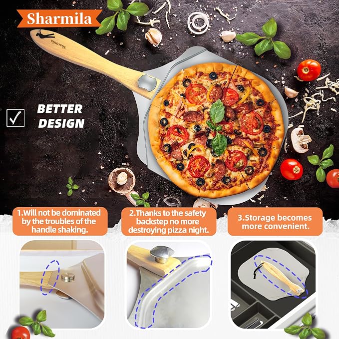 Pizza Peel 12 Inch, Aluminum Paddle with Cutter, Spatula | 3-Piece Pizza Making Kit, Rocker Cutter & Spatula Included, Foldable Handle, Smooth Surface