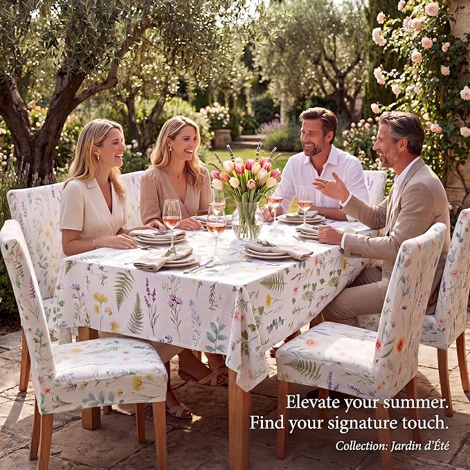 7 Pcs Wildflower Tablecloth and Chair Covers Set 60 x 84 Inch Summer Rectangle Washable Table Cover and Stretchable Seat Slipcovers for Home Dining Room Camping Wedding Party