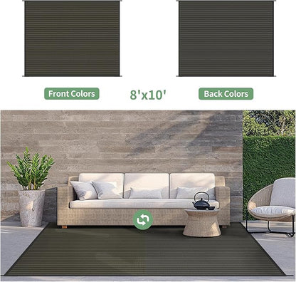GENIMO Outdoor Rug, Waterproof Plastic Rugs for Patio, 8'x10' Ebony Brown | Outside Larger Modern Carpet Mat for Porch Decor, Deck, Balcony, Camping, RV, Backyard, Picnic, Beach, Reversible, Foldable