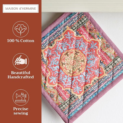 Maison d' Hermine Pot Holders 100% Cotton Potholders (8" x 8", Pack of 1) | Heat Resistant Hot Pads with Loop BBQ Cooking Baking Hotel Kitchen Handling Hot Pans Thanksgiving Christmas - Ispahan