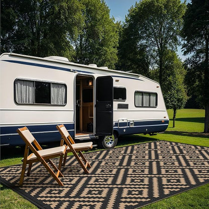 GENIMO Outdoor Rug, Waterproof Plastic Rugs 10'x14' for Camping Black Brown | Outside Larger Modern Carpet Mat for Patio Decor, RV, Porch, Camper, Deck, Picnic, Beach, Backyard, Reversible, Foldable