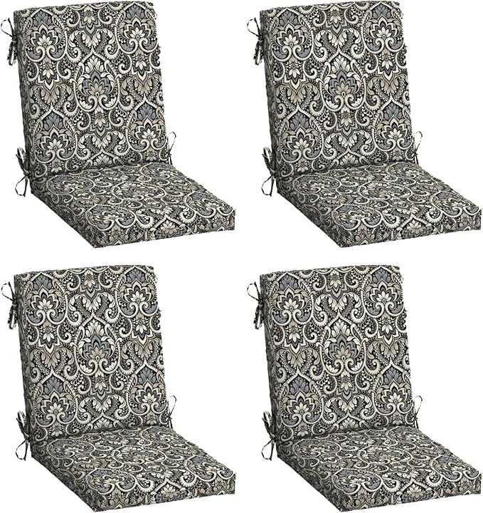 Arden Outdoor Dining Chair Cushion, 4-Pack, 20x44, Black Damask | Rain-Proof Seat Pad, Fade-Resistant, Mold and Mildew Resistant