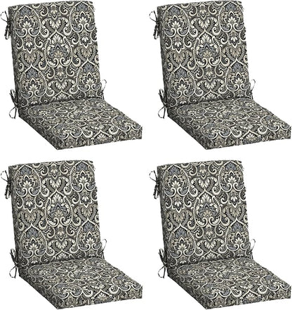 Arden Outdoor Dining Chair Cushion, 4-Pack, 20x44, Black Damask | Rain-Proof Seat Pad, Fade-Resistant, Mold and Mildew Resistant