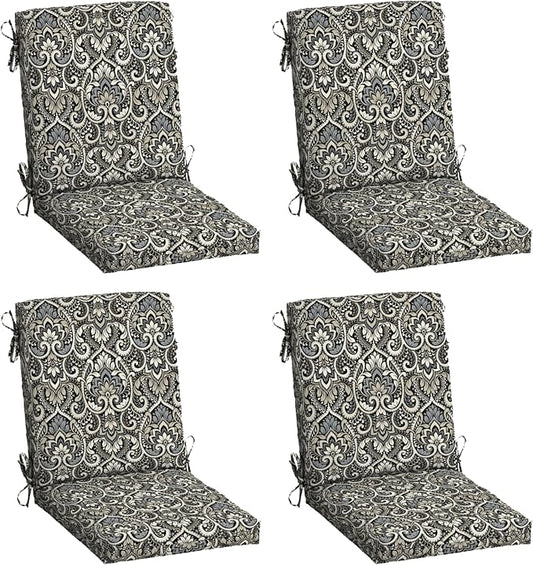 Arden Outdoor Dining Chair Cushion, 4-Pack, 20x44, Black Damask | Rain-Proof Seat Pad, Fade-Resistant, Mold and Mildew Resistant