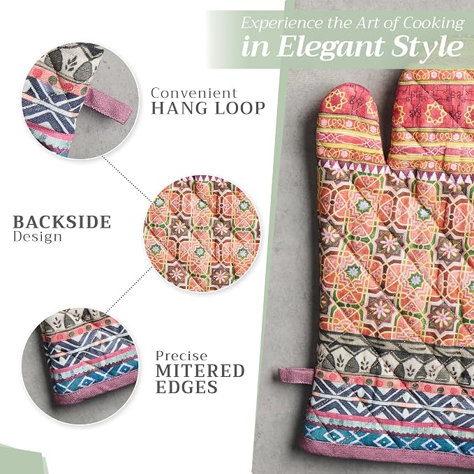 Maison d' Hermine 100% Cotton Oven Mitt & Pot Holder Set (7.5"x13" & 8"x8") | Heat Resistant BBQ Cooking Gloves with Loop Baking Grilling Kitchen Hotel Home Farmhouse Thanksgiving Christmas - Ispahan