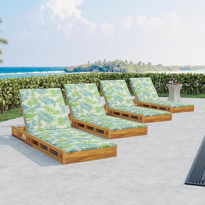Merax Acacia Wood Chaise Lounge Chair Outdoor Set of 4, Patio Recliner with 4 Position Adjustable Backrest and 1.57" Thick Double-fold Cushion