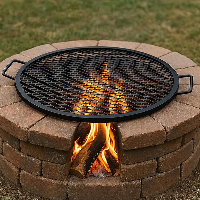 Sunnydaze X-Marks Outdoor Fire Pit Grill Grate for Cooking - Round Fire Pit Grate - Steel Campfire BBQ Grill with Handles - 24-Inch
