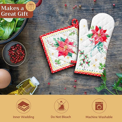 Maison d' Hermine Oven Gloves 100% Cotton Oven Mitt 7" x 13" with Loop Heat Resistant Cooking Gloves for Thanksgiving Christmas Decorations Baking Handling Hot Pans (Pack of 1, Poinsettia Christmas)
