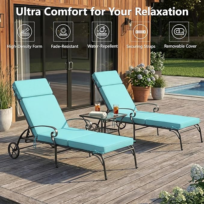 72 x 21 Inch Outdoor Chaise Lounge Cushions Set of 2 - Removable Cover, 4-Section Design, Water-Repellent & Fade-Resistant, 6 Tie Straps, Replacement for Patio & Pool Chairs - Light Blue