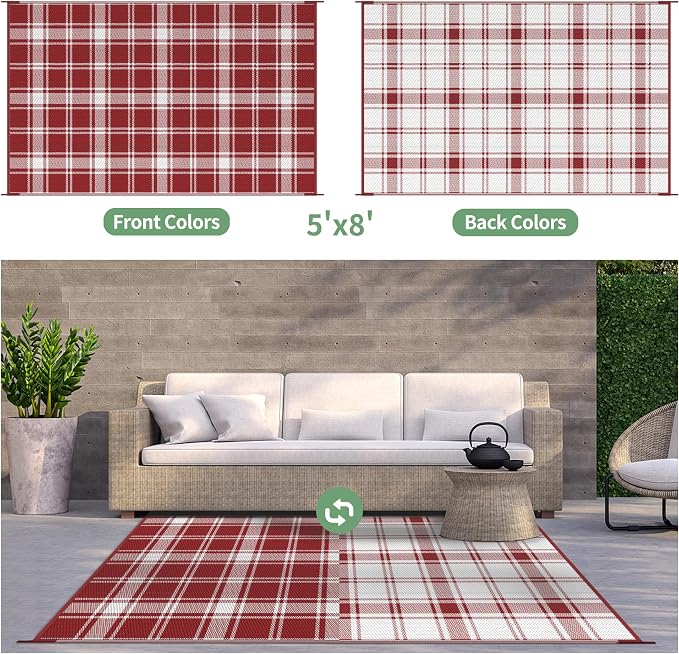 GENIMO Outdoor Rug, Waterproof Plastic Rugs for Patio, 5'x8' Red Plaid | Outside Larger Modern Carpet Mat for Porch Decor, Deck, Balcony, Camping, RV, Backyard, Picnic, Beach, Reversible, Foldable