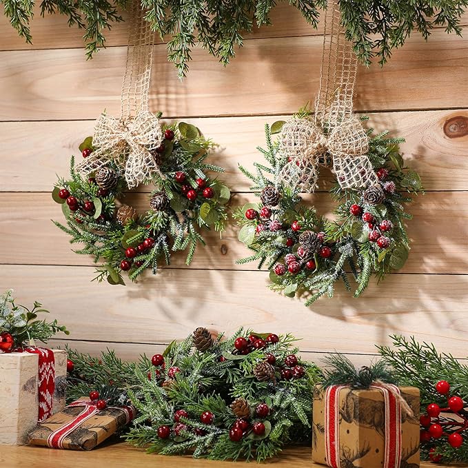 Dingion 8 Pcs Small Christmas Wreaths for Cabinet Kitchen Decor Mini Artificial Wreath 9 Inch Faux Garland with Burlap Ribbon for Vintage Retro Home Table Candle Porch Window Indoor Outdoor Decor