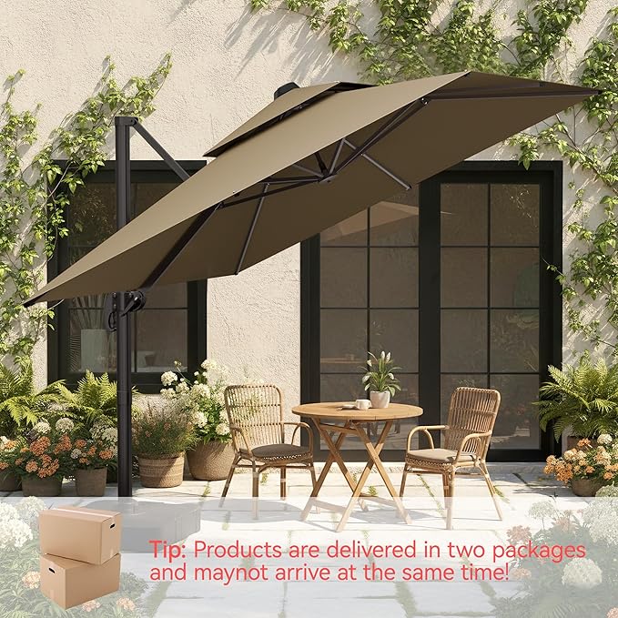 10x10 FT Patio Umbrella with Base, Large Cantilever Double Top Heavy Duty Offset Umbrellas with 360° Rotation, Outdoor shade for Garden Deck Pool, Tan