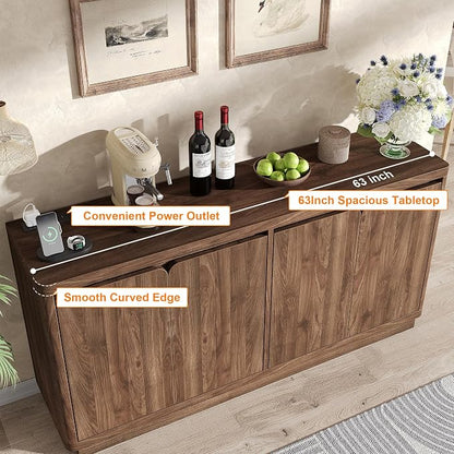 knoworld 63" Buffet Cabinet with Storage & Power Outlet, Wood Sideboard Credenza with Double-Arc Doors, Modern Coffee Bar Console Table for Kitchen Dining Room, Walnut