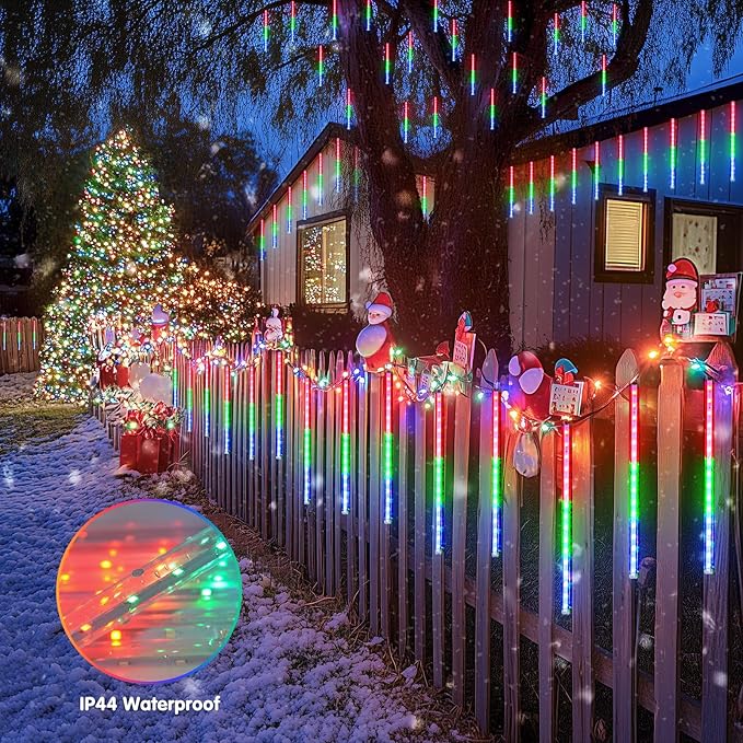 JMEXSUSS Solar Meteor Shower Rain Lights, 8 Tube 144 LEDs Multicolor Solar Christmas Lights, Led Falling Rain Christmas Light for Xmas Tree Wedding Holiday Party Patio Decoration