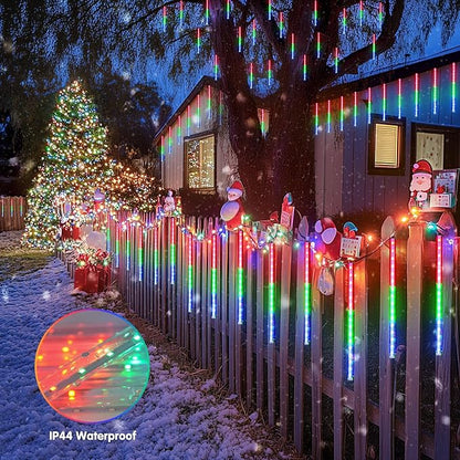 JMEXSUSS Solar Meteor Shower Rain Lights, 8 Tube 144 LEDs Multicolor Solar Christmas Lights, Led Falling Rain Christmas Light for Xmas Tree Wedding Holiday Party Patio Decoration
