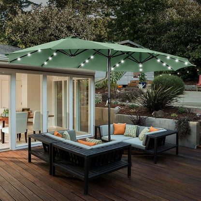 15ft Patio Umbrella with Solar lights & Base, Large Umbrellas, Mint | HERA'S PALACE Rectangle Double Market Umbrella with 36 LED Lights, Big Outdoor Umbrellas for Pool Picnic Inground Yard Deck