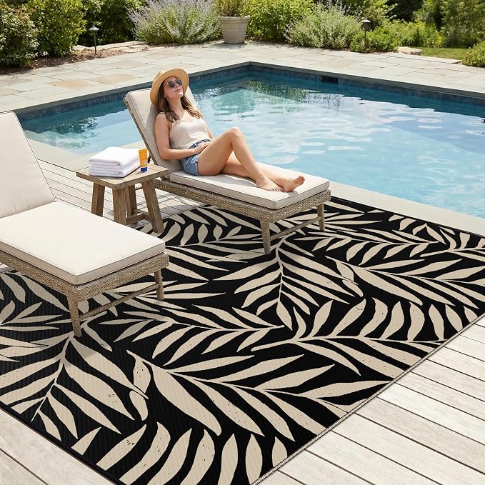 Smiry Outdoor Rug 6x9 ft Waterproof Reversible Leaf Mat, Black & Beige | Polypropylene Plastic Straw, Quick Drying, Lightweight Foldable, for Patio, Deck, RV Camping, Backyard and Indoor Outdoor Use