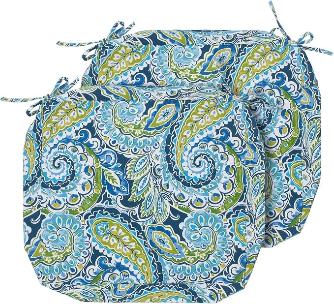 Magpie Fabrics Indoor Outdoor Cushion Cover Replacement 2 Pack, NO Insert! Water Repellent Slipcover with Ties Decor for Patio Garden Chair Sofa Bench Wicker(Paisley Lapis Green, 22x20x4 Inch)