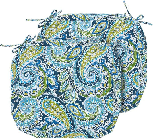 Magpie Fabrics Indoor Outdoor Cushion Cover Replacement 2 Pack, NO Insert! Water Repellent Slipcover with Ties Decor for Patio Garden Chair Sofa Bench Wicker(Paisley Lapis Green, 24x22x4 Inch)