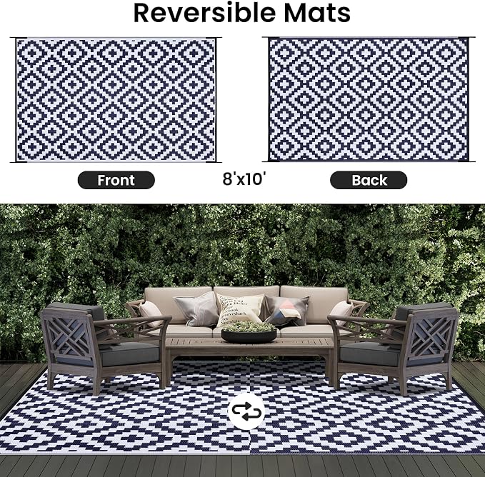 Smiry Outdoor Rug 8x10 ft Waterproof Reversible Boho Mat, White & Navy | Polypropylene Plastic Straw, Quick Drying, Lightweight Foldable, for Patio, Deck, RV Camping, Backyard and Indoor Outdoor Use