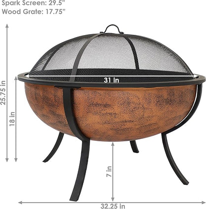 Sunnydaze 32-Inch Fire Pit for Outside - Wood-Burning Fire Pit Bowl with Spark Screen, Wood Grate, and Poker - Copper