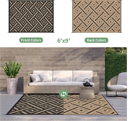 GENIMO Outdoor Rug, Waterproof Plastic Rugs for Patio, 6'x9' Mocha Brown | Outside Larger Modern Carpet Mat for Porch Decor, Deck, Balcony, Camping, RV, Backyard, Picnic, Beach, Reversible, Foldable