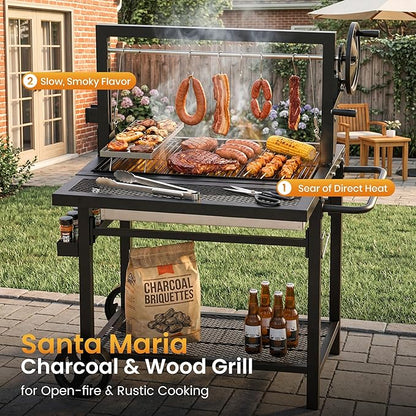 Captiva Designs Argentine Santa Maria Grill – Wood Fire and Charcoal BBQ with Adjustable Height Grates, Large Outdoor Open Fire Grill for Patio, Backyard Gaucho Grilling