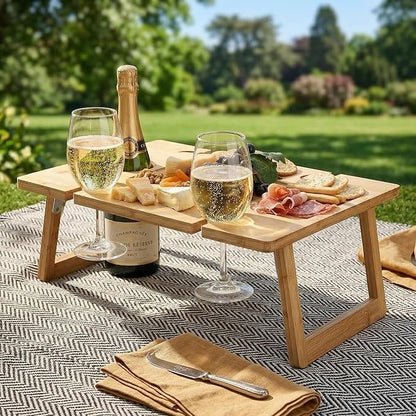 Peohud Portable Wine Picnic Table, Foldable Champagne Picnic Snack Table Tray, Wooden Outdoor Picnic Table with Glass Holder for Park, Beach, Camping, Bed, Wine Lover Gift