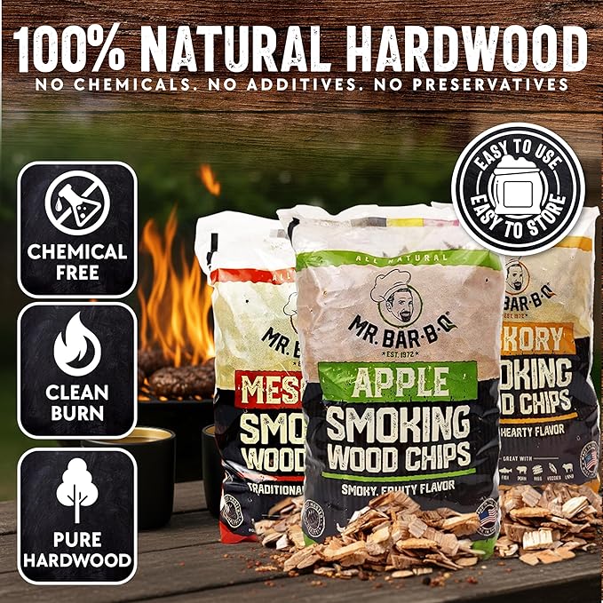 Wood Smoker Chips Bundle of 3 Flavors - Apple, Mesquite & Hickory Wood Chips by Mr. Bar-B-Q, Can be Used on Gas & Charcoal Grill, Variety of Flavors for Smokers, Grilling, BBQ, Camping(3 x 1.8 Lb Bag)
