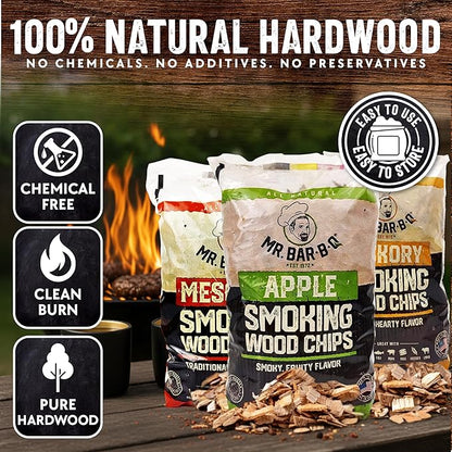 Wood Smoker Chips Bundle of 3 Flavors - Apple, Mesquite & Hickory Wood Chips by Mr. Bar-B-Q, Can be Used on Gas & Charcoal Grill, Variety of Flavors for Smokers, Grilling, BBQ, Camping(3 x 1.8 Lb Bag)