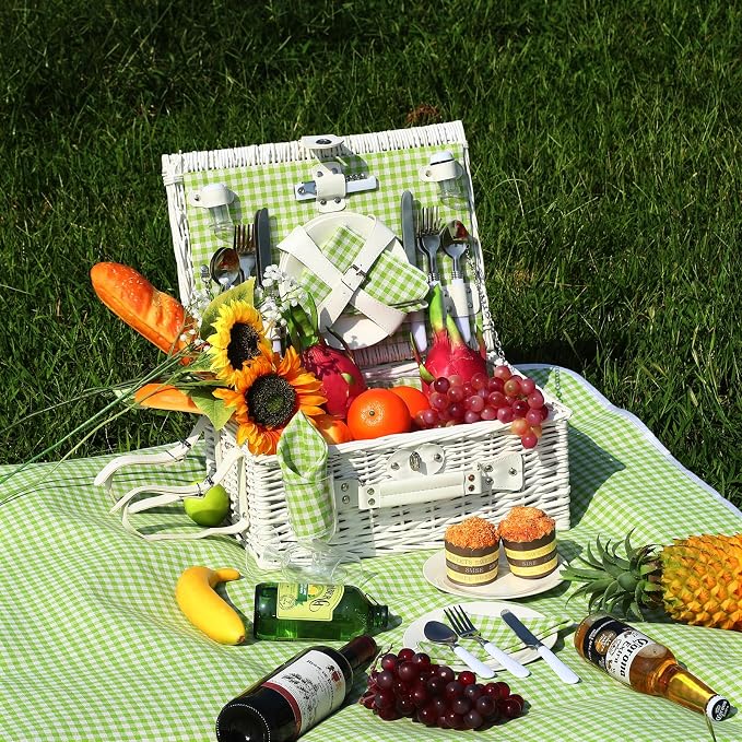 Wicker Picnic Basket Set for 4, Blanket, Cooler Bag, Green Plaid | Four-Person Wicker Set Includes Tableware, Insulated Food Storage and Waterproof Blanket for Parks, Camping, Dates and Gifts