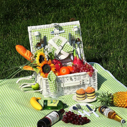 Wicker Picnic Basket Set for 4, Blanket, Cooler Bag, Green Plaid | Four-Person Wicker Set Includes Tableware, Insulated Food Storage and Waterproof Blanket for Parks, Camping, Dates and Gifts