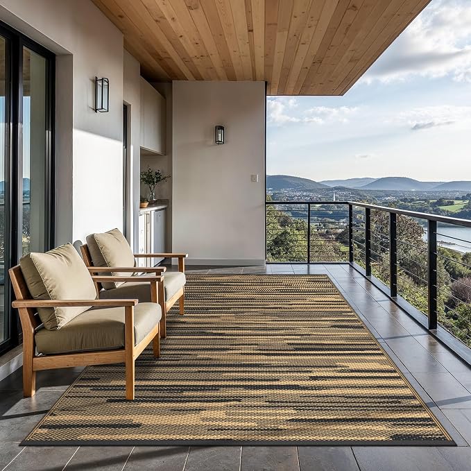 GENIMO Outdoor Rug, Waterproof Plastic Rugs for Patio, 6'x9' Walnut Brown | Outside Larger Modern Carpet Mat for Porch Decor, Deck, Balcony, Camping, RV, Backyard, Picnic, Beach, Reversible, Foldable