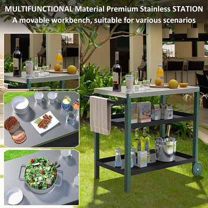 TORVA Outdoor Prep Grill Cart, Honeycomb Style Wear-Resistant Tabletop with High Load-Bearing Portable BBQ Cart, HDPE Durable Frame 3-Tier Storage Cart, Black Green