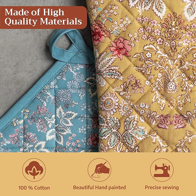 Maison d' Hermine 100% Cotton Oven Mitt & Pot Holder Set (7.5"x13" & 8"x8") Heat Resistant BBQ Cooking Gloves with Loop Baking Grilling Kitchen Hotel Home Farmhouse Spring Summer (Marquise)