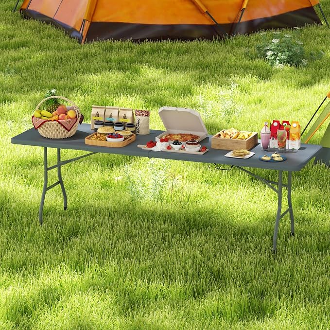 Tangkula 8 FT Folding Table, Indoor Outdoor Foldable Plastic Table | HDPE Tabletop, Sturdy Metal Fame, Carrying Handle, Heavy Duty, Portable ,Fold-in-Half, for Picnic, Camping, BBQ, Party
