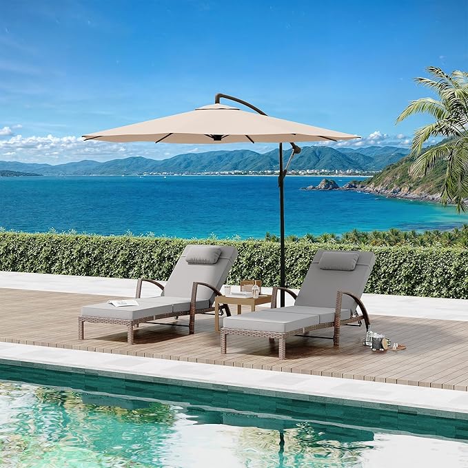 Garvee Outdoor Chaise Lounge Chairs Set of 2, PE Rattan Wicker Patio Lounge Chairs with 5-Position Adjustable Backrest, 3.5" Cushions & Wheels, 380 lbs Capacity Heavy Duty Pool Lounge Chair,Grey